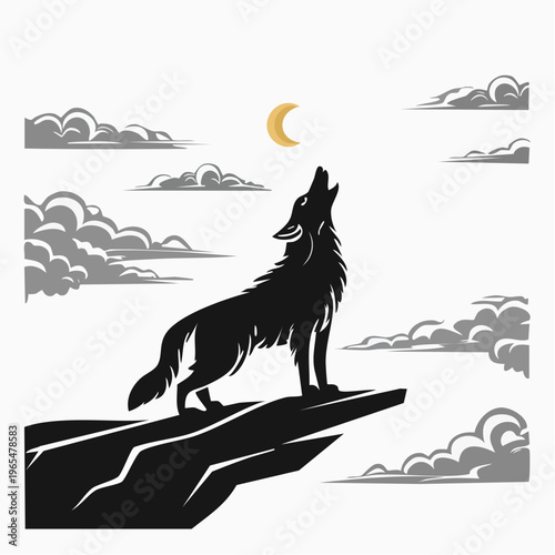 Majestic wolf howling at the golden crescent moon perched atop a rocky precipice in silhouette