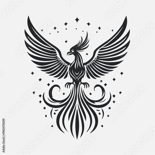 Majestic phoenix illustration with stars symbolising rebirth and transformation in vector art