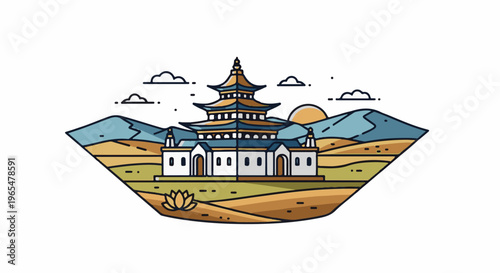 Flat illustration of a multi-tiered pagoda in a stylized landscape at sunset
