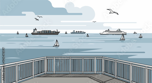 Flat illustration of a peaceful bay with various vessels and gulls flying