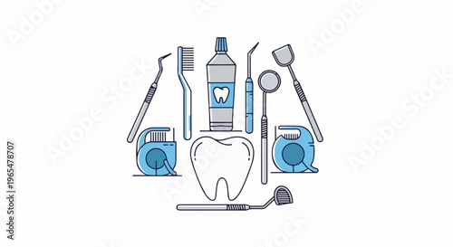 Flat design illustration of dental hygiene tools and a tooth