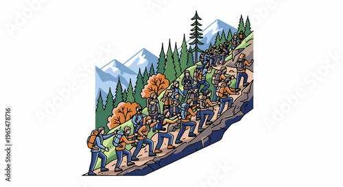 Group of hikers ascend a steep, rocky mountain trail with backpacks