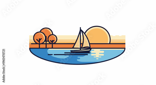 Flat design illustration of a sailboat on the water at sunset