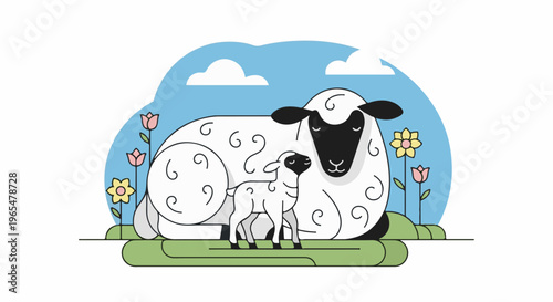 Flat design of a mother sheep and lamb in a grassy field with flowers