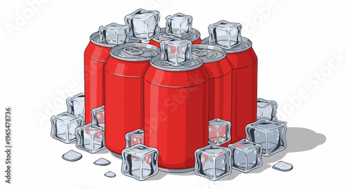 Group of red soda cans with ice cubes scattered around them