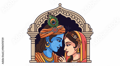 Hindu deities Krishna and Radha gaze lovingly under an ornate archway