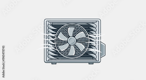 Flat design illustration of a grey oscillating fan with white wind streams