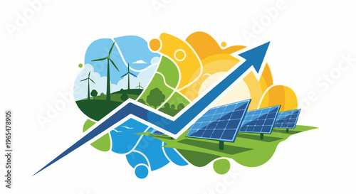 Growing renewable energy industry with wind turbines and solar panels