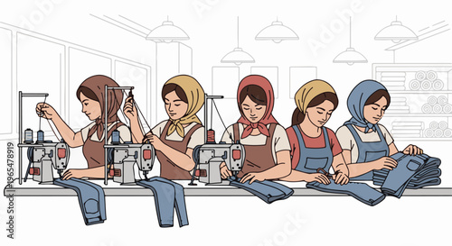 Five women sewing and folding denim jeans on sewing machines in a workshop