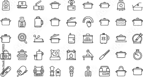 Assorted Kitchenware and Cooking Icons: Pots, Pans, Utensils, and Appliances