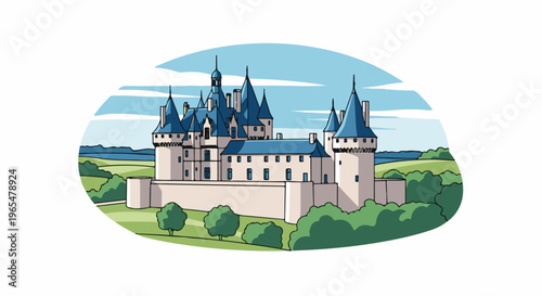 Grand fortress with conical blue roofs, set against a green landscape and sky