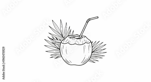 Hand-drawn outline of a coconut with a straw and tropical leaves