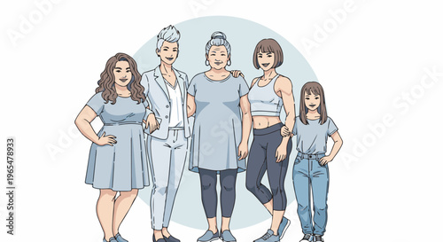 Five women of diverse ages and body types, standing together