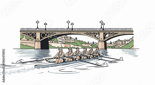 Five women in a rowing boat glide under a grand arched bridge