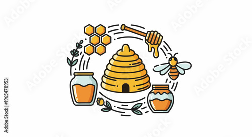 Honeycomb, beehive, jars of honey, and a bee in a circular design