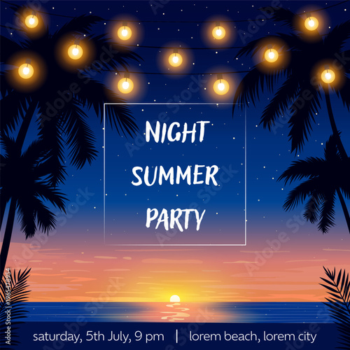 Tropical summer night seascape with palm trees, glowing string lights, and sunset over the ocean. Calm beach background illustration for travel, advertising