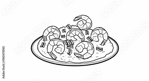 Hand-drawn plate of shrimp and grits with bacon bits