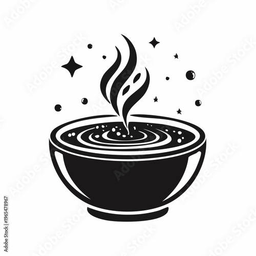 Minimalist black and white illustration of a steaming bowl with abstract swirling liquid design