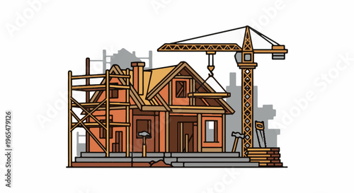House construction with crane and scaffolding
