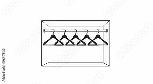 Five black hangers suspended on a rod inside a minimalist closet outline