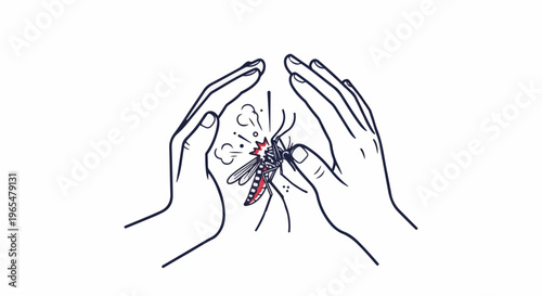 Hands crush a red and black insect mid-air with a bursting effect