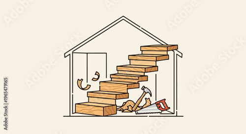 House outline with wooden stairs under construction, tools, and wood shavings