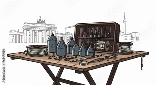 Fishing gear laid out on a table with famous city skyline in background