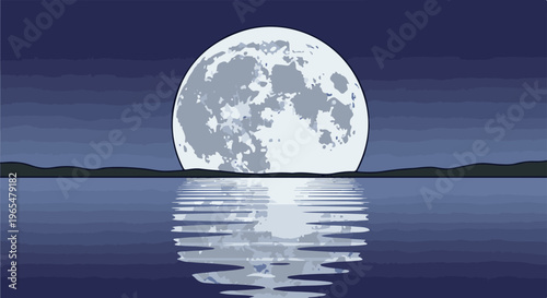 Huge moon reflects on calm water under a dark, starry sky