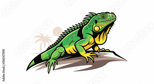 Green iguana with spiky dorsal crest basking on a rock