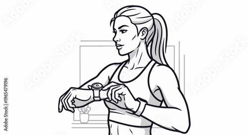 Fit woman checking wrist wearable device, focused expression, athletic wear