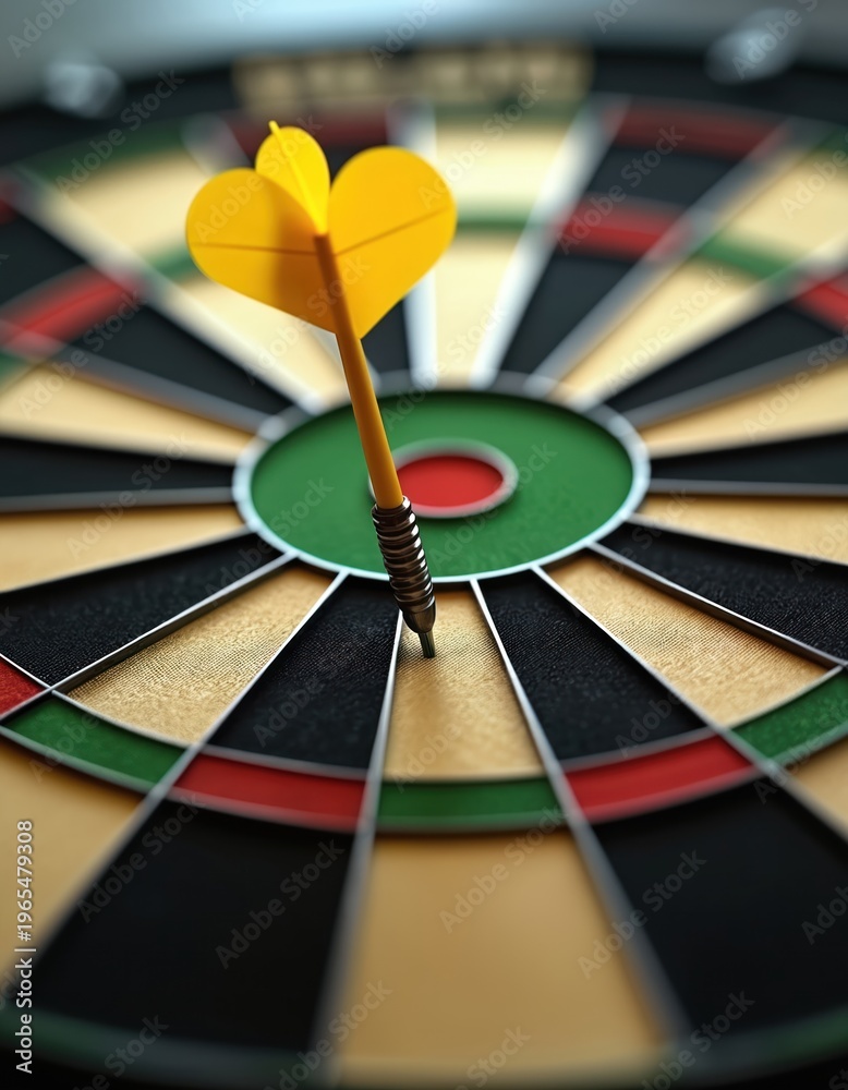 Fototapeta premium Yellow dart hits bullseye center on game board. Precision aim, perfect score achieved. Leisure activity success goal. Sharp focus on target.