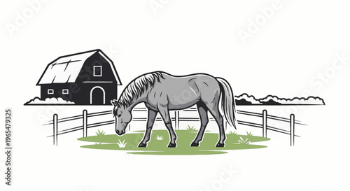 Gray horse grazing in a green pasture near a dark barn