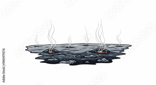 Gray rocky ground with glowing orange spots emitting steam plumes