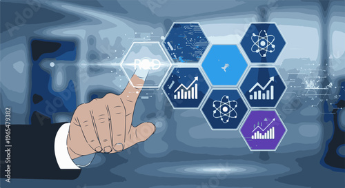 Finger interacting with holographic hexagons displaying data and scientific symbols