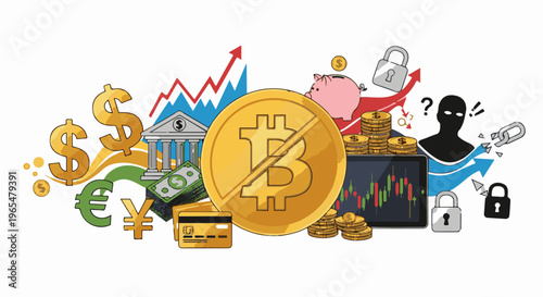 Financial symbols with a blocked Bitcoin, security, and market fluctuations