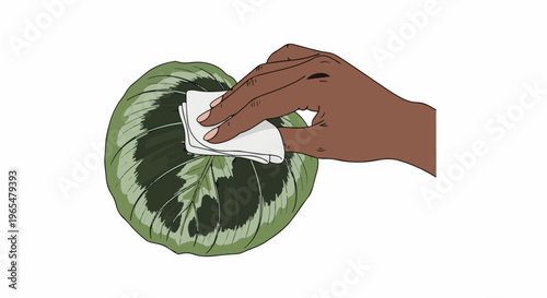 Hand cleaning a large green leaf with a white cloth
