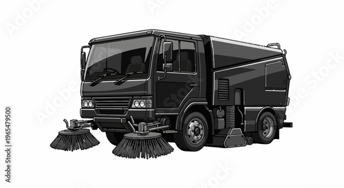 Grayscale illustration of a heavy-duty street sweeping truck