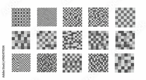 Fifteen grayscale checkerboard patterns of varying pixelation and size