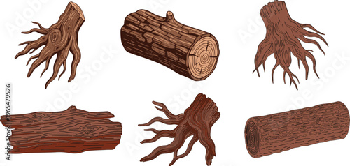 Rustic wood logs and tree stumps collection, 6 brown timber elements with bark texture, natural forest wood trunks and roots vector set