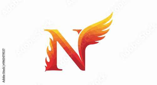 Fiery winged letter N, symbolizing power, transformation, and speed