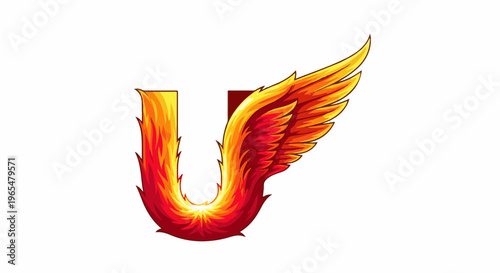 Fiery wing transforms into a stylized, vibrant red and orange letter U