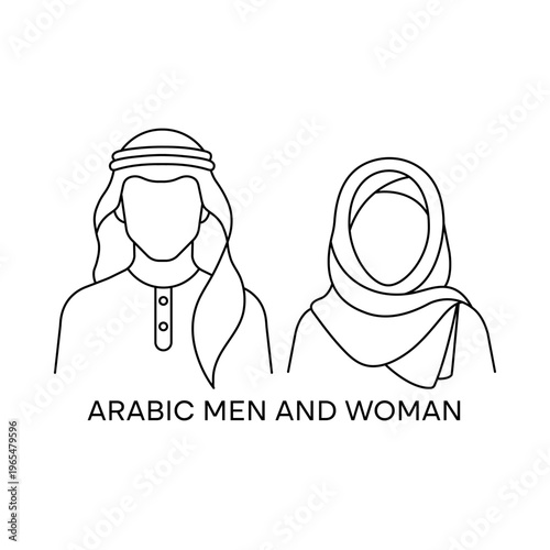 Muslim Couple Line Icon with Cultural Clothing and Headscarf with editable stroke.