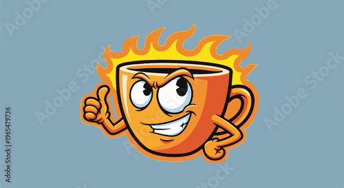 Fiery cartoon coffee cup character giving a thumbs up
