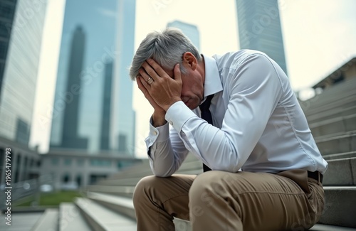 Elderly man sits on city stairs head in hands. He wears formal shirt and trousers. Buildings are blurred in background. Mature person looks stressed and upset. Sad businessman has problems.