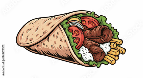 Flavorful wrap stuffed with grilled meat, fresh vegetables, fries, and sauce