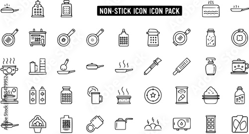 Non-Stick Kitchenware and Food Icons: Cooking Utensils, Appliances, and Ingredients
