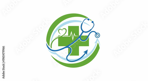 Green cross with stethoscope and heartbeat symbol, representing healthcare