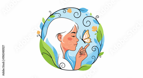 Gentle interaction between a serene woman and an orange butterfly