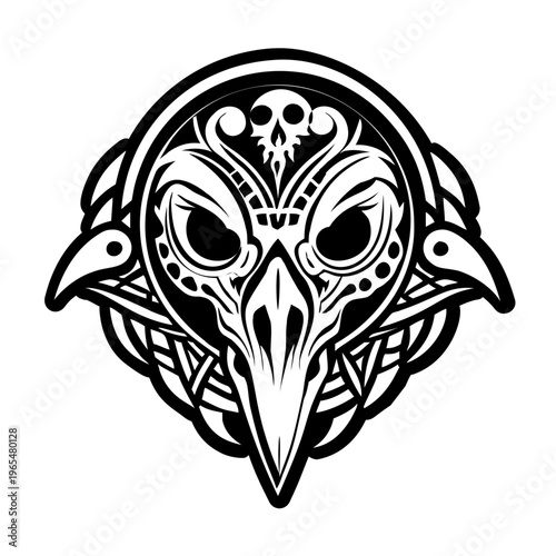 A solid style icon of raven skull symbol
