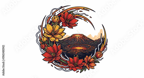 Fiery volcano with blooming flowers and swirling smoke design